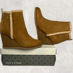 Sun + Stone Camillia Faux Suede Ankle Wedge Boots – Tan, Size 7.5 - NEW in BOX